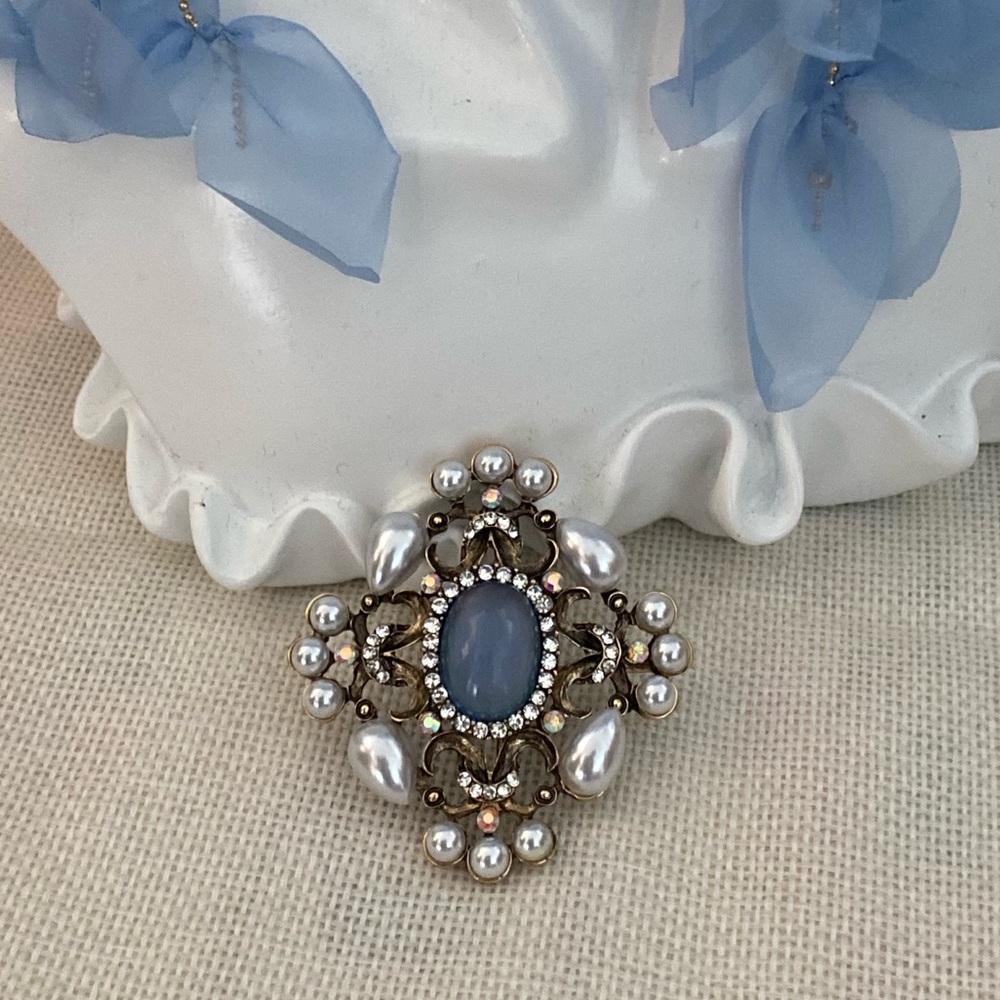 Ornate Blue Cabochon and Pearl Accent Brooch